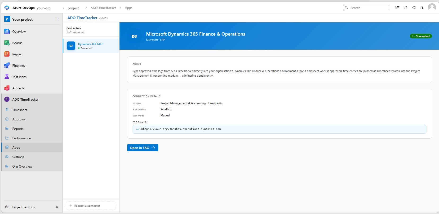 Apps hub — Dynamics 365 Finance & Operations connector connected, showing module, environment, sync mode and F&O base URL